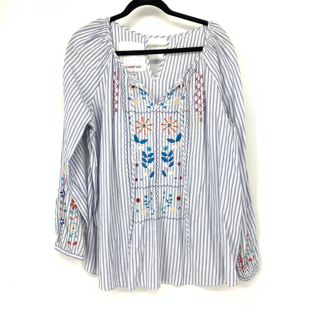 Johnny Was 3J Womens XL Blue White Stripe Embroidered Floral Boho Tunic Blouse